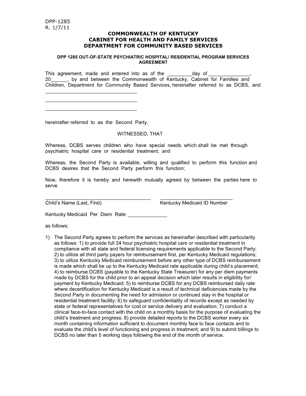 Out of State Psychiatric Hospital-Residential Program Services Agreement
