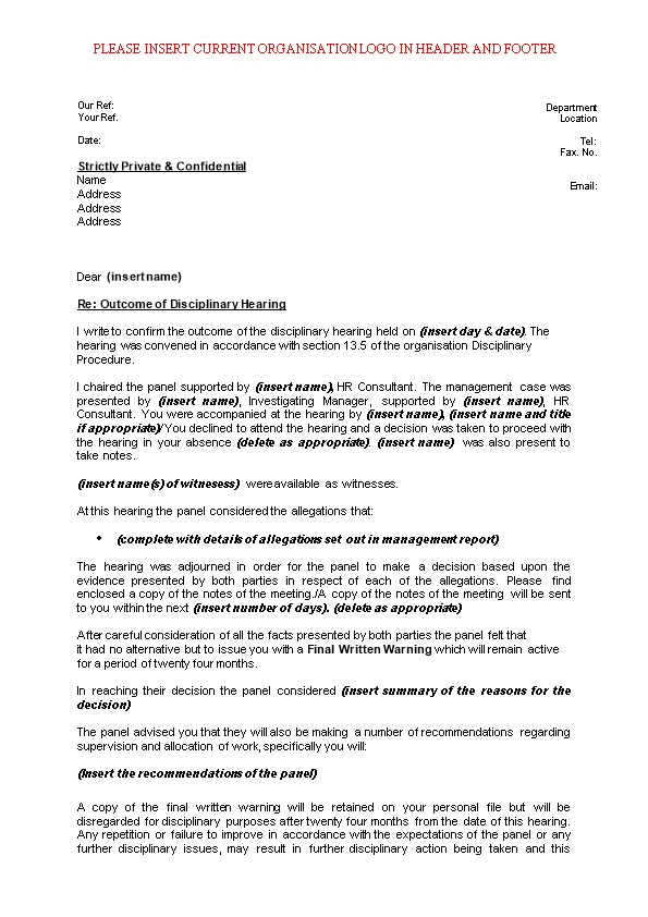 Outcome of Disciplinary Hearing - Template Letter