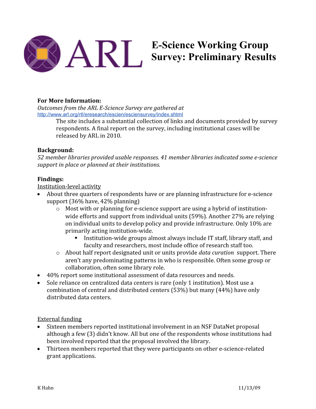 Outcomes from the ARL E-Science Survey Are Gathered At