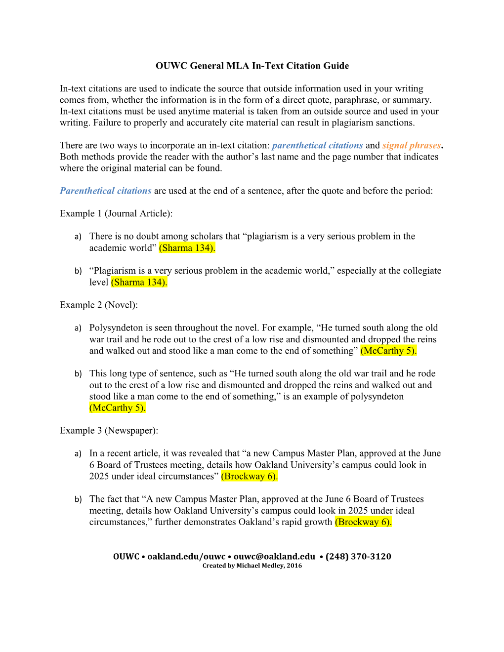 OUWC General MLA In-Text Citation Guide
