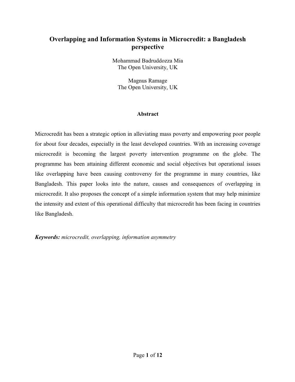 Overlapping and Information Systems in Microcredit: a Bangladesh Perspective