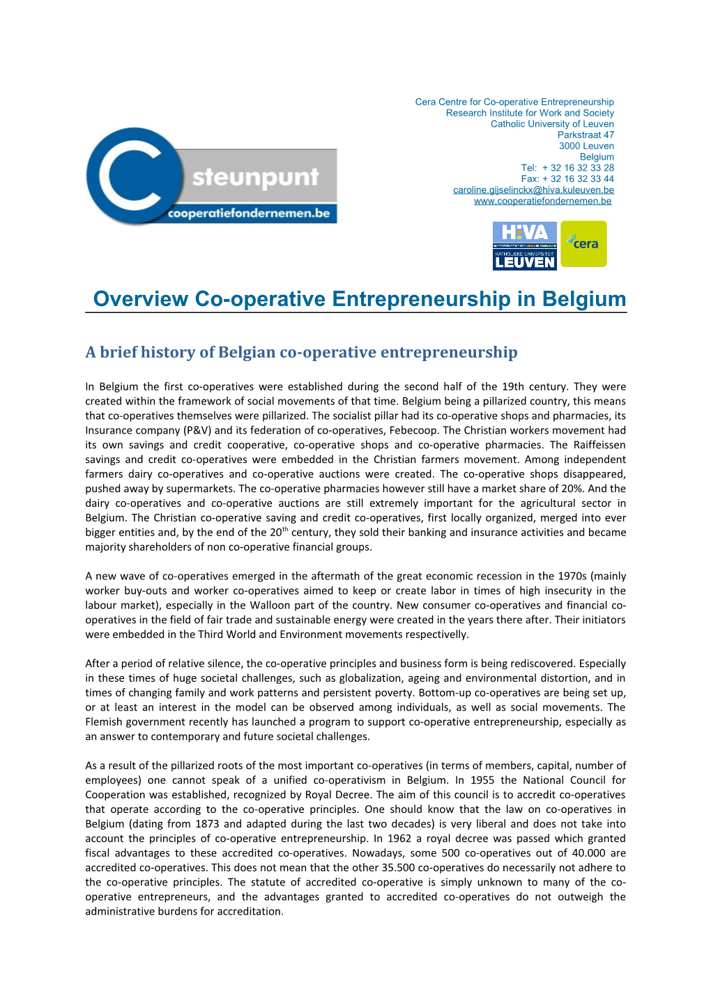 Overview Co-Operative Entrepreneurship in Belgium