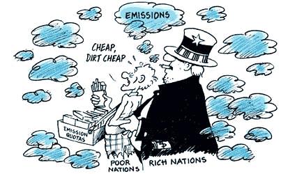 Cartoon Depicts politics in global warming negotiations where an emissions producing Uncle Sam representing the rich nations including the US is twisting the arms of a poor person representing poor nations to sell emissions quotas at dirt cheap prices