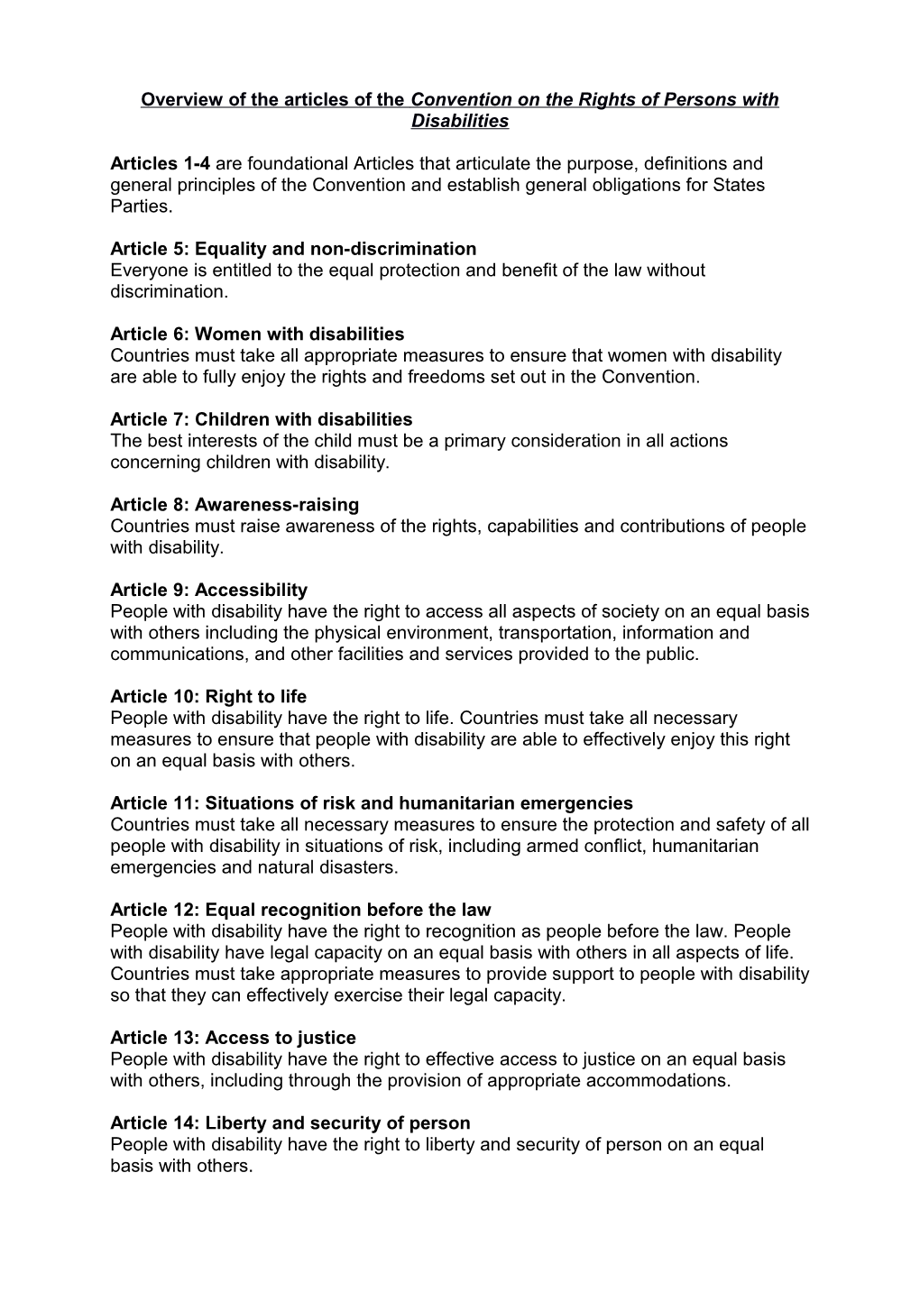 Overview of the Articles of Theconvention on the Rights of Persons with Disabilities