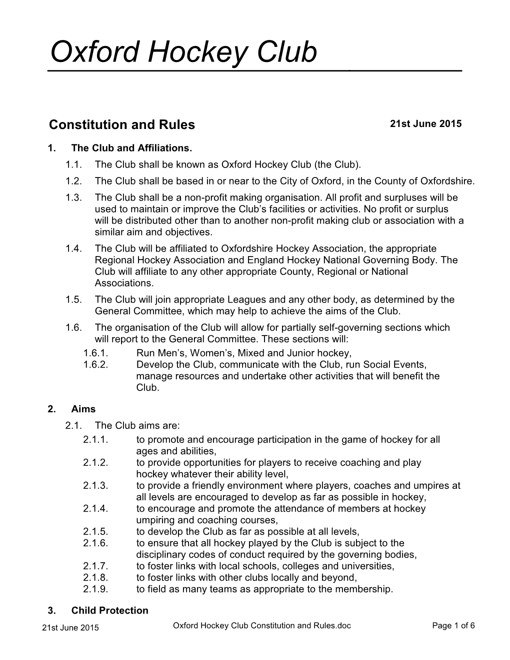 Oxford Hockey Club Constitution and Rules