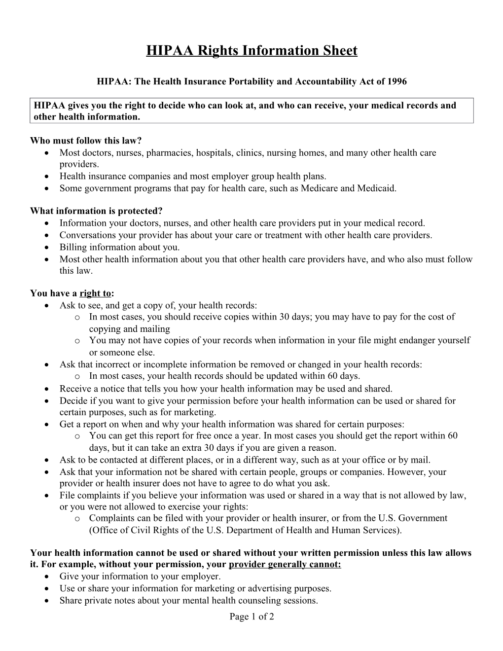 P&A Fact Sheet: HIPAA Rights