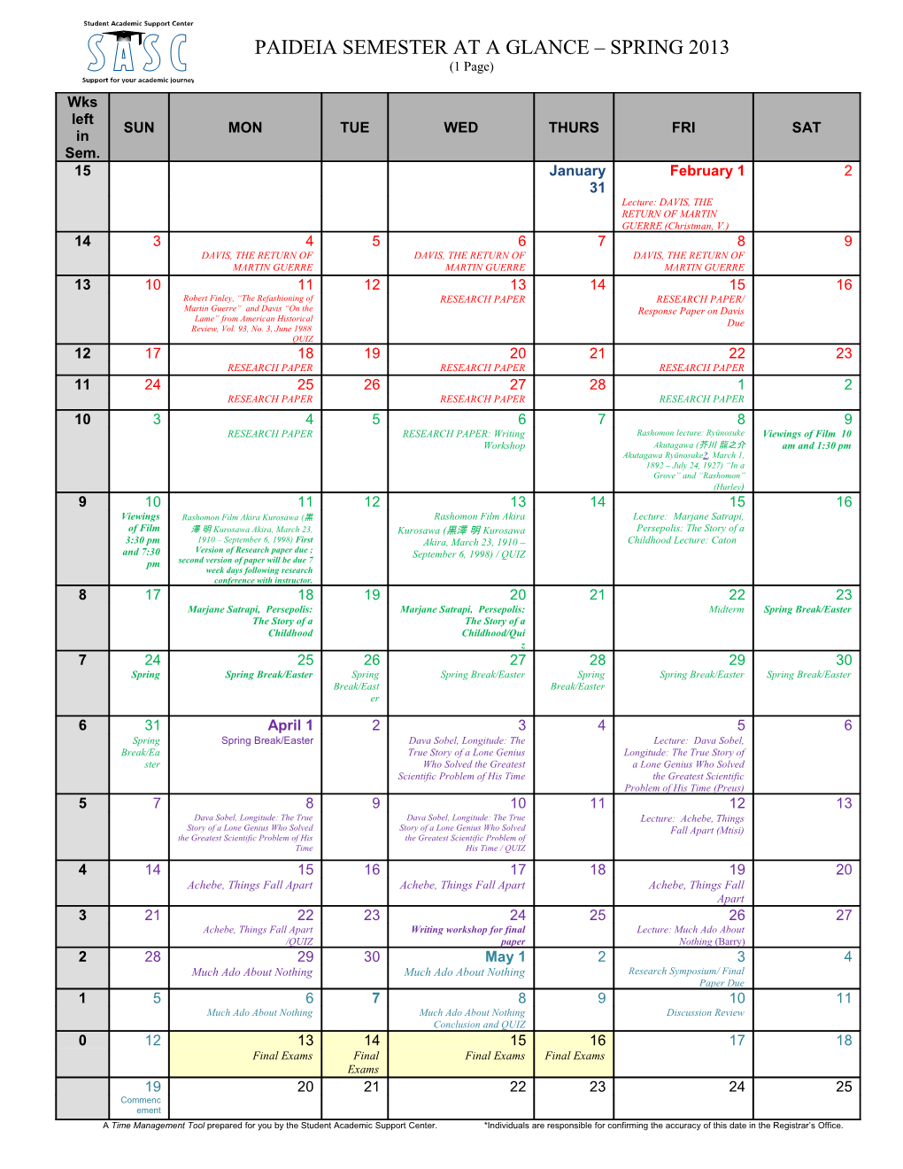 Paideia Semester at a Glance Spring 2013