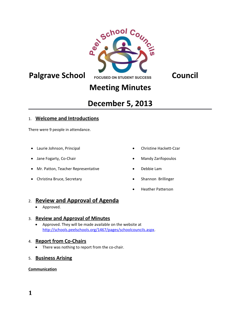 Palgrave School Council Meeting Minutes