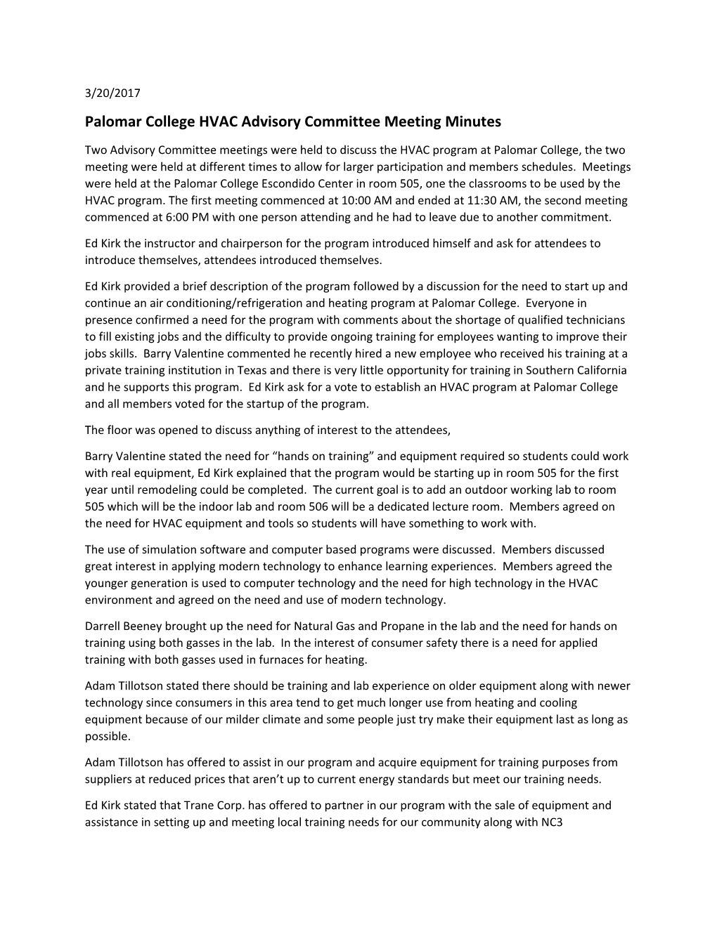 Palomar College HVAC Advisory Committee Meeting Minutes