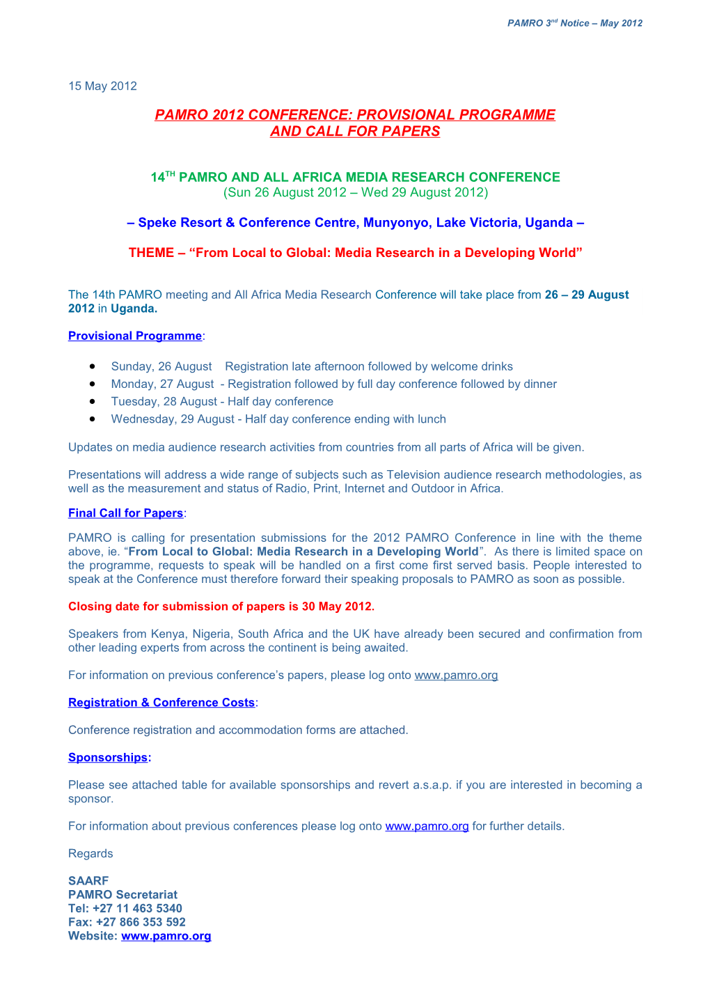 Pamro 2012 Conference:Provisional Programme