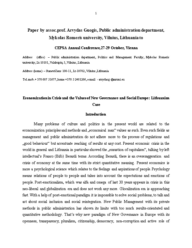 Paper by Assoc.Prof. Arvydas Guogis, Public Administration Department, Mykolas Romeris