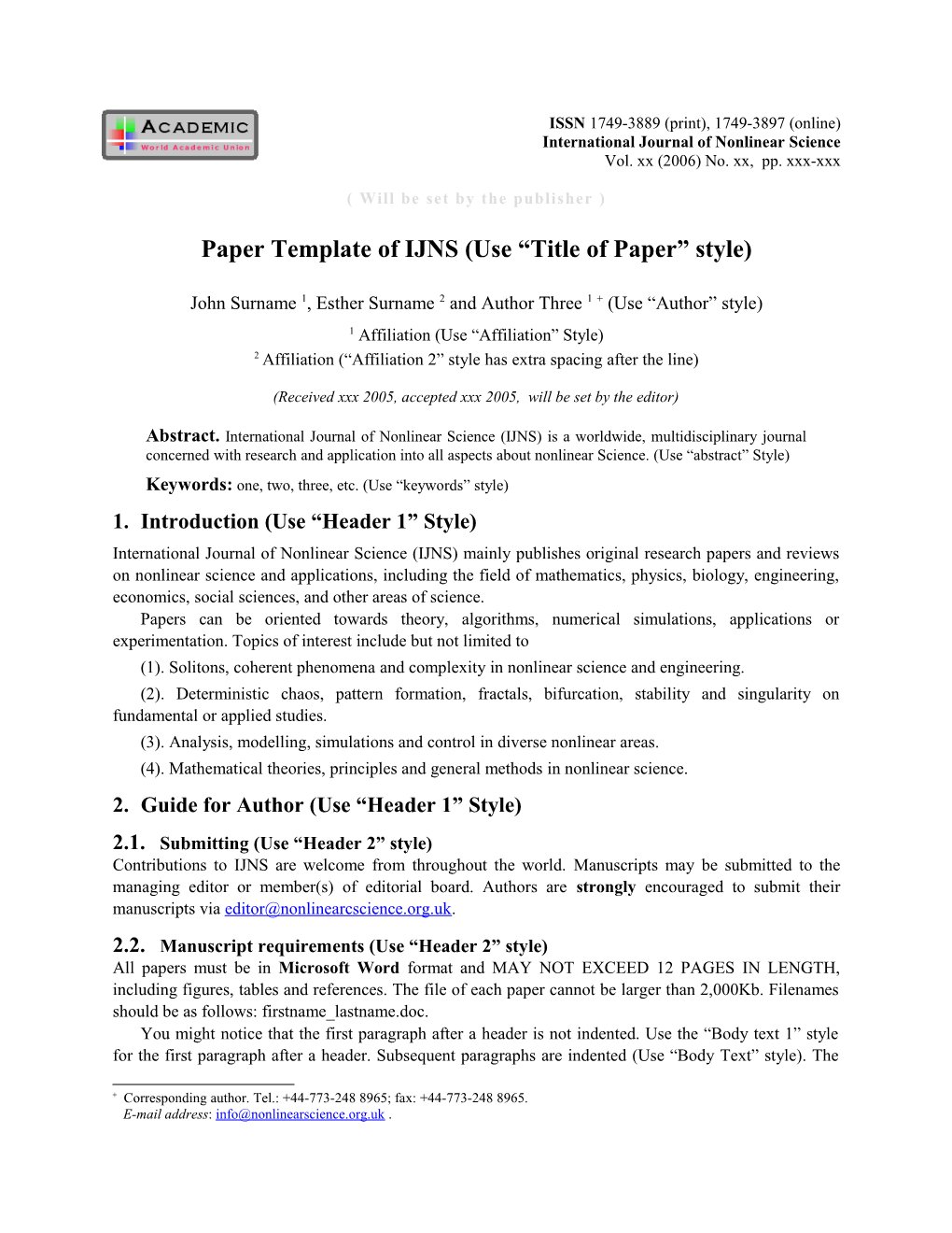 Paper Template of WJMS (Use Title of Paper Style)