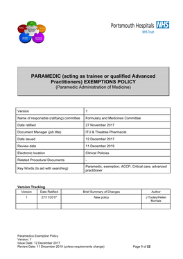 PARAMEDIC(Acting As Trainee Or Qualified Advanced Practitioners) EXEMPTIONS POLICY