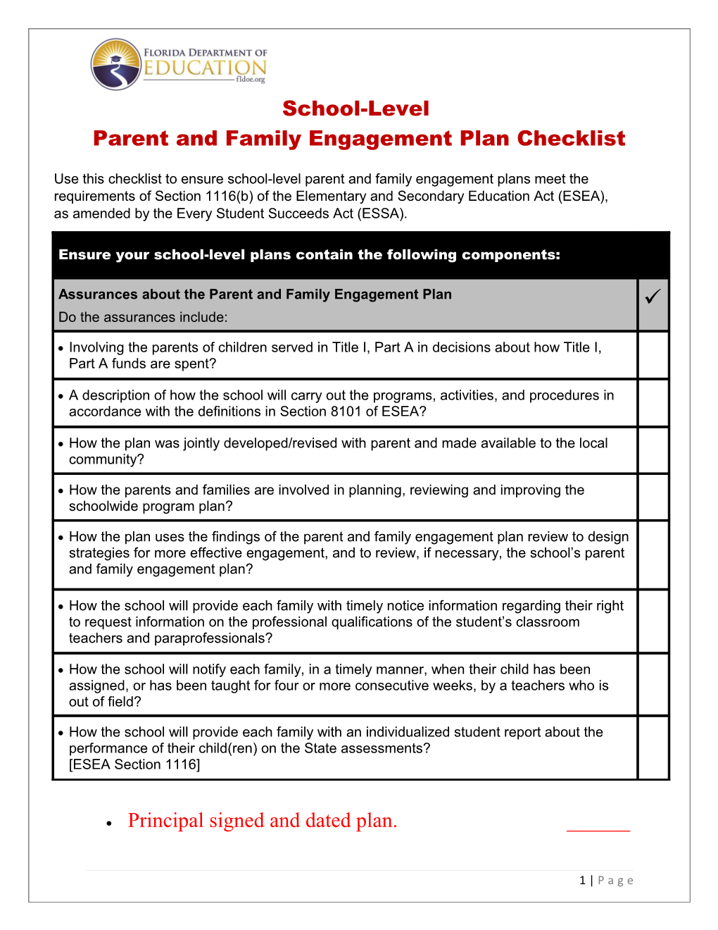 Parent and Family Engagement Plan Checklist