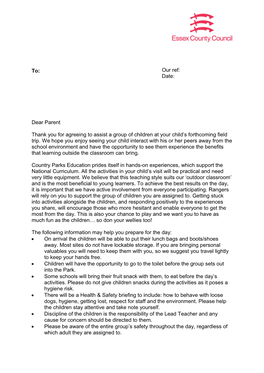 Parent Letter for Essex Country Parks Visit