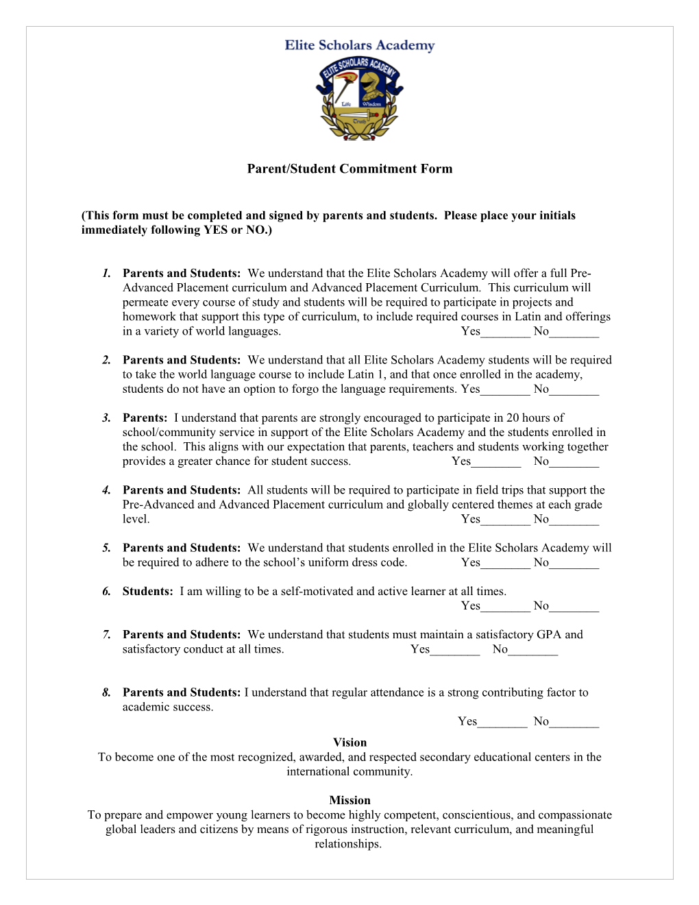 Parent/Student Commitment Form