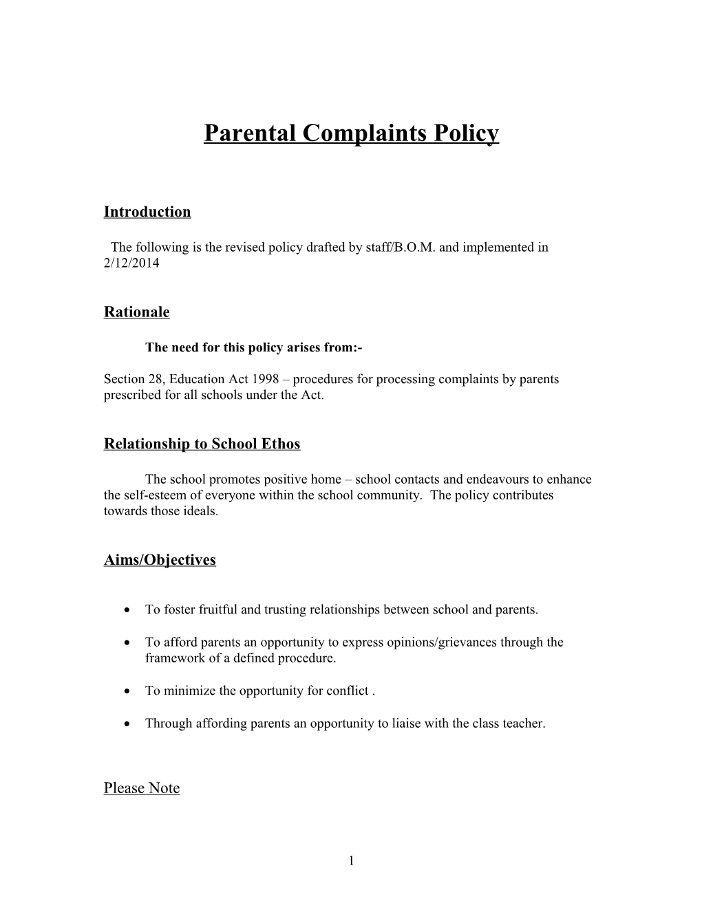 Parental Complaints Policy