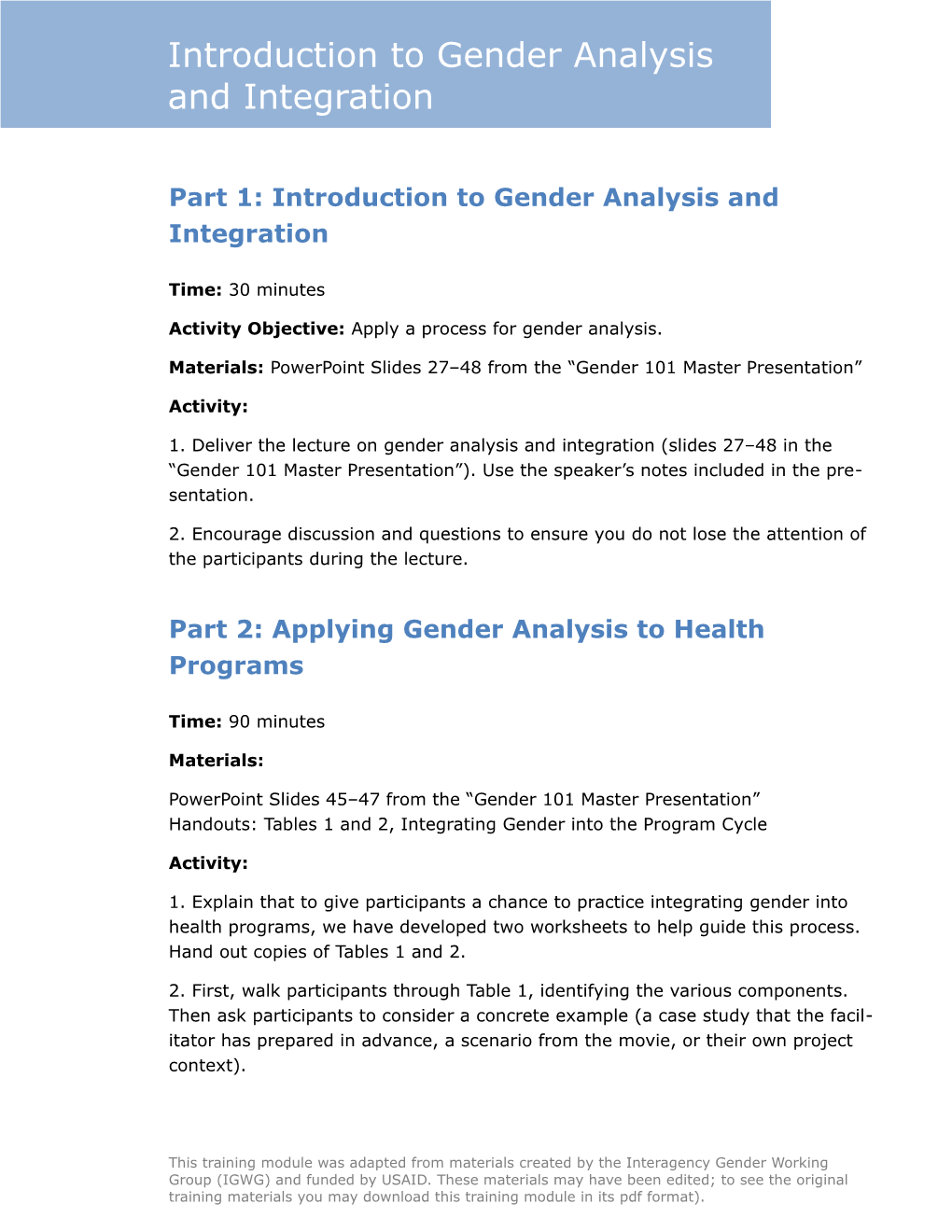 Part 1:Introduction to Gender Analysis and Integration