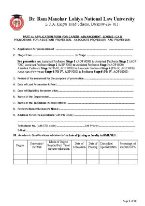 PART-A: Application Form for CAREER ADVANCEMENT SCHEME (CAS)