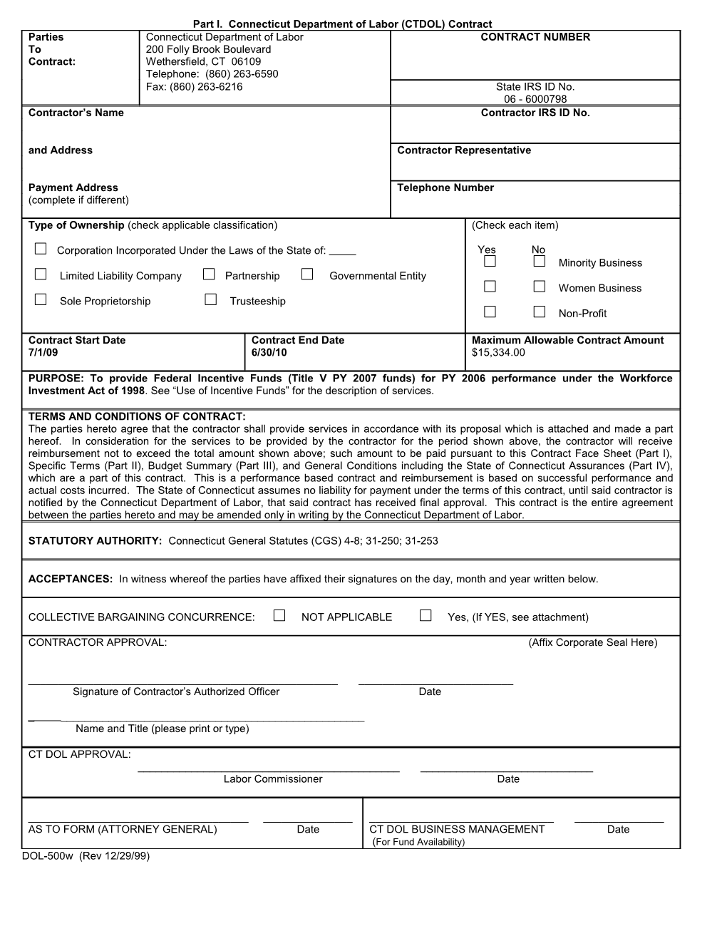 Part I. Connecticut Department of Labor (CTDOL) Contract