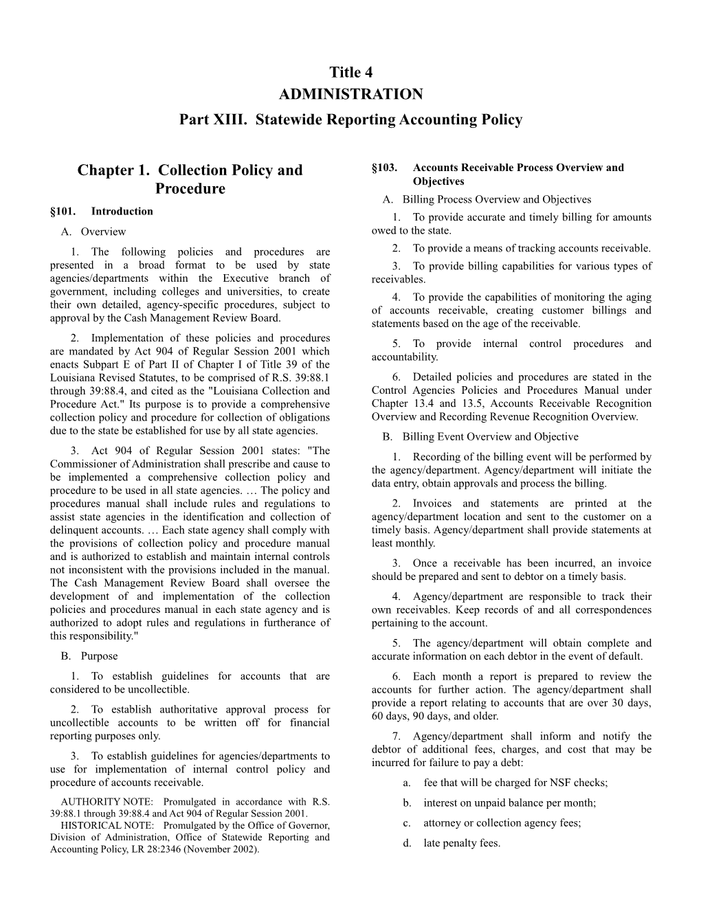 Part XIII. Statewide Reporting Accounting Policy