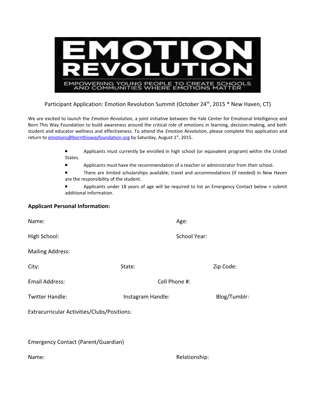 Participant Application: Emotion Revolution Summit (October 24Th, 2015 * New Haven, CT)