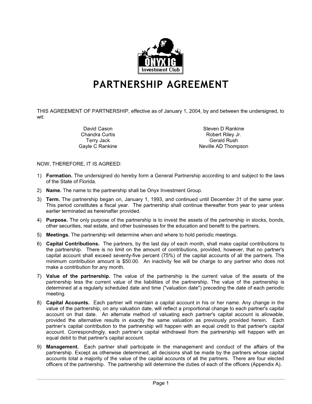 Partnership Agreement of Onyx Investment Group