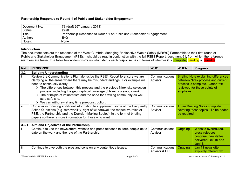 Partnership Response to Round 1 of Public and Stakeholder Engagement