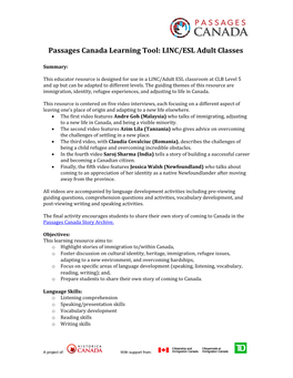 Passages Canada Learning Tool: LINC/ESL Adult Classes