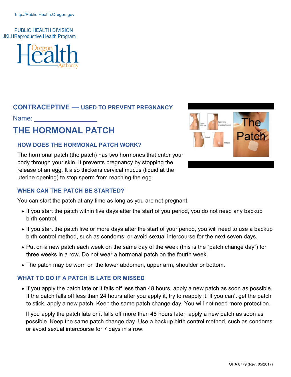 Patch Medication Information Sheet