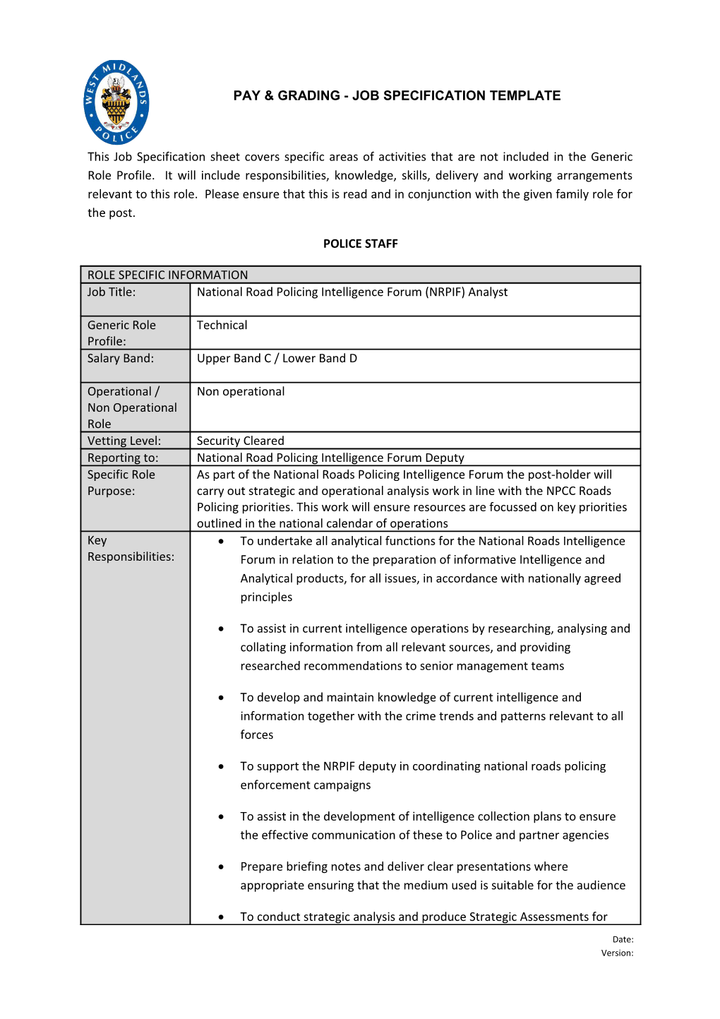 Pay & Grading - Jobspecification Template