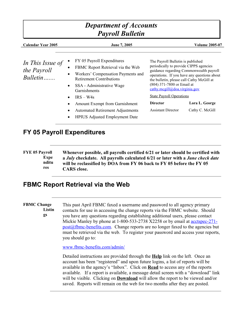 Payroll Bulletin, Volume 2005-07