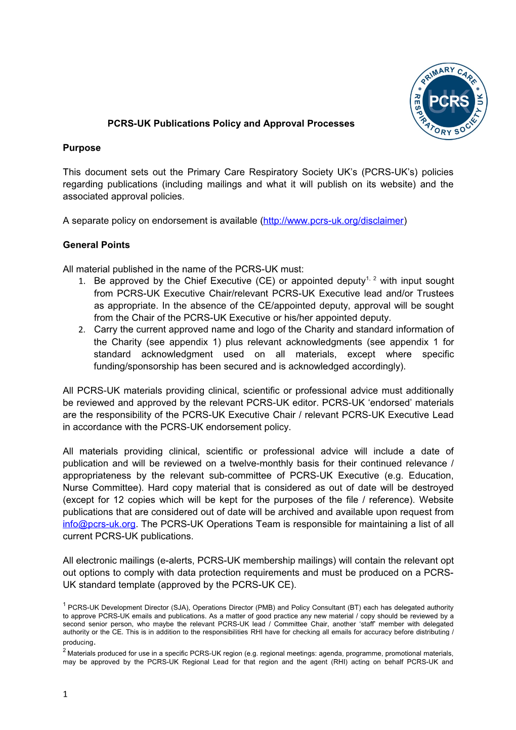 PCRS-UK Publications Policy and Approval Processes