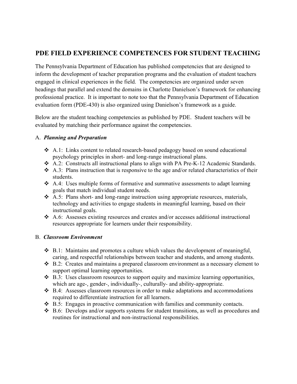 Pde Field Experience Competences for Student Teaching