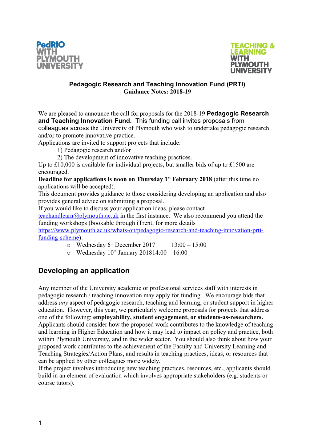 Pedagogic Research and Teaching Innovation Fund (PRTI)
