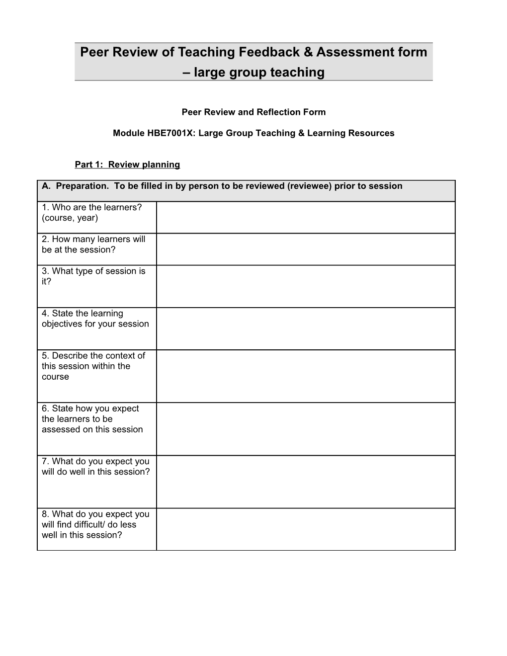 Peer Review of Teaching Feedback & Assessment Form