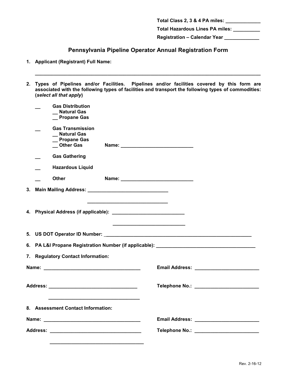 Pennsylvania Pipeline Operatorannual Registration Form