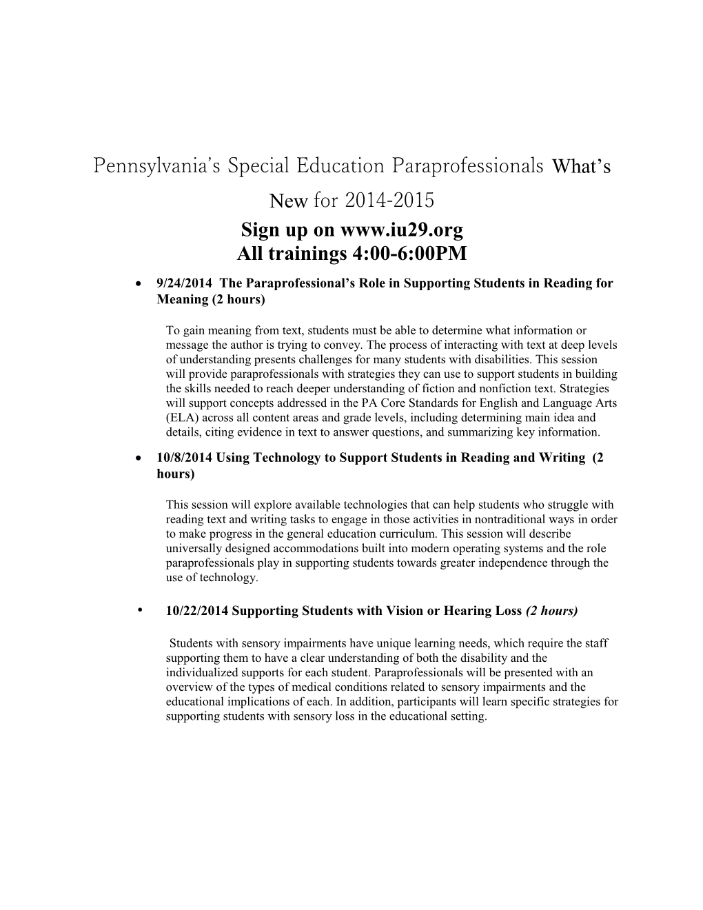 Pennsylvania S Special Education Paraprofessionals What S New for 2014-2015
