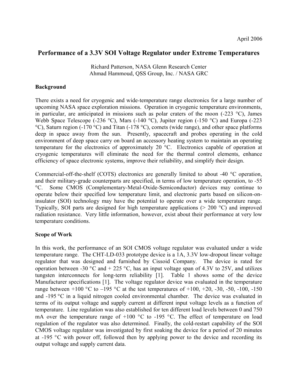 Performance of a 3.3V SOI Voltage Regulator Under Extreme Temperatures