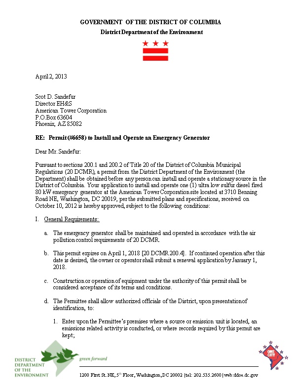 Permit (#6658) to Install and Operate an Emergency Generator