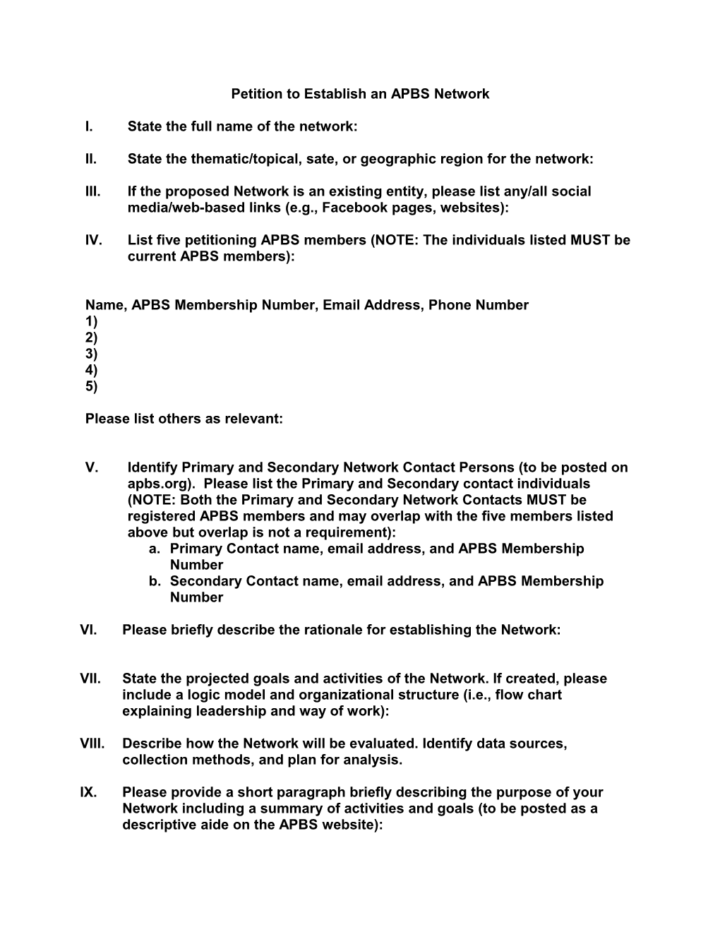 Petition to Establish an APBS Network