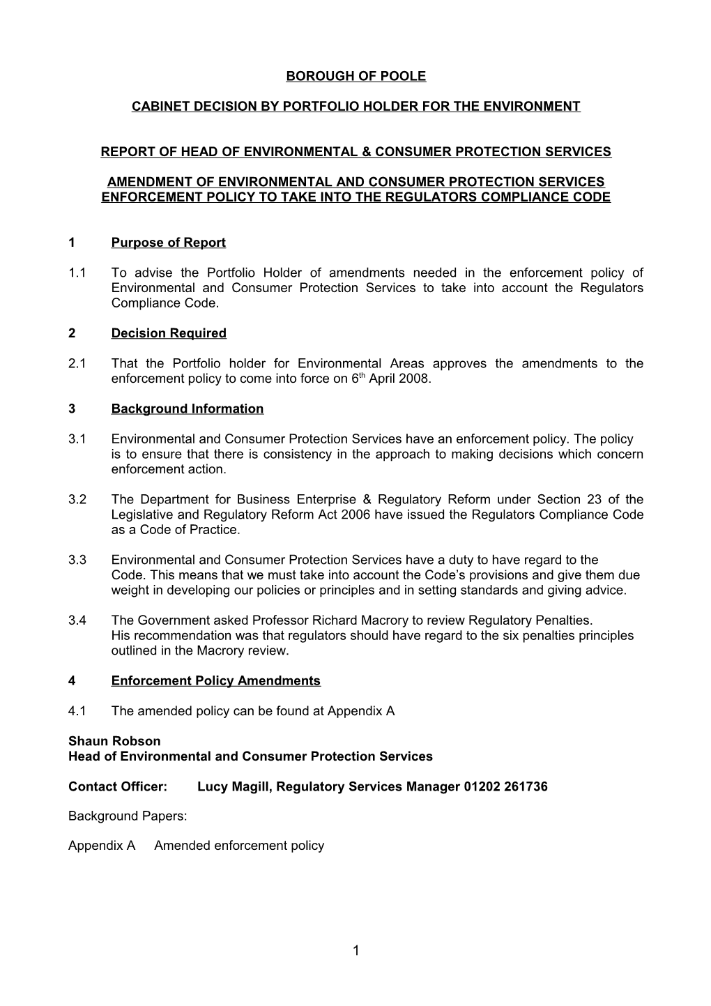 PFD Cllr Collier - 13032008 - Enforcement Policy - Report