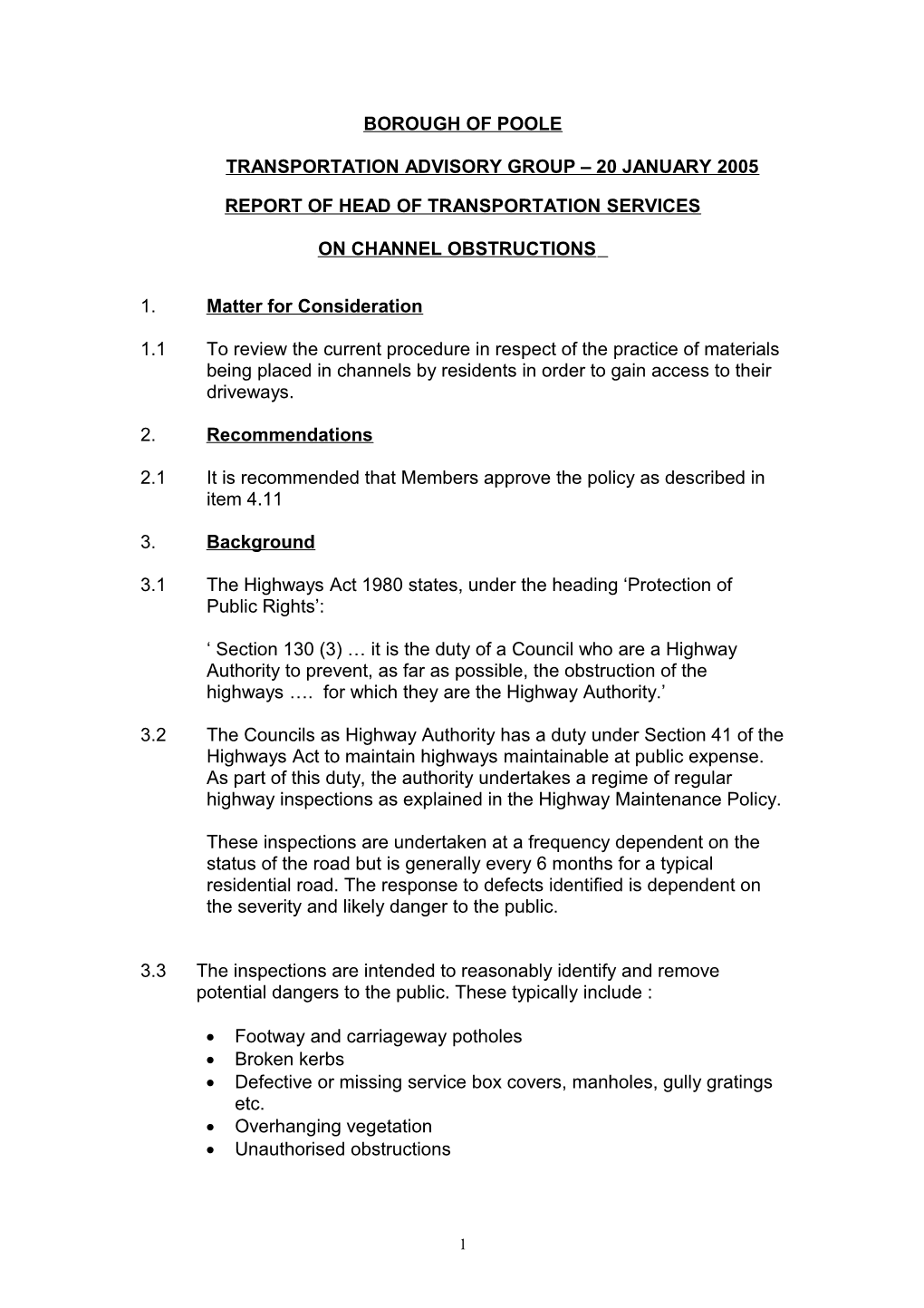 PFD - Councillor Parker - 20 January 2005 - Channel Obstructions - Report