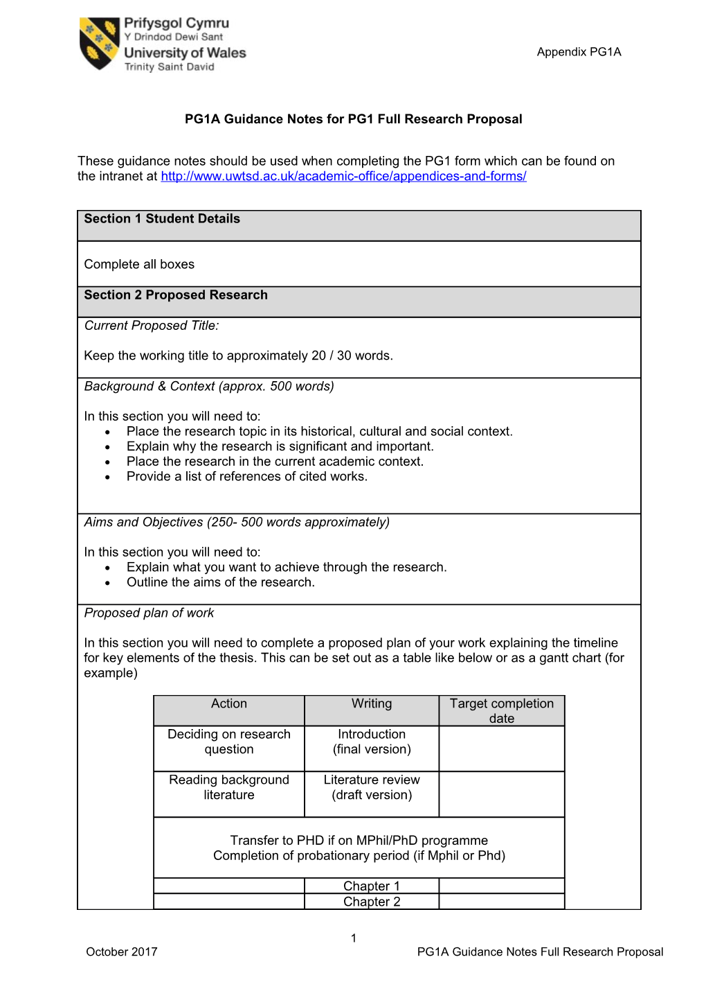 PG1A Guidance Notes for PG1 Full Research Proposal