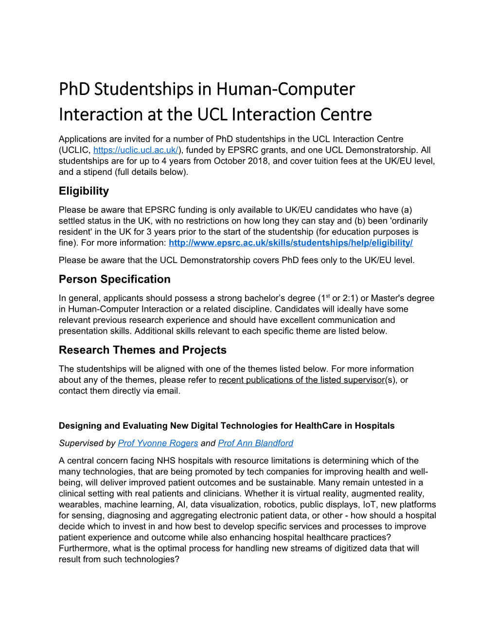 Phd Studentships in Human-Computer Interaction at the UCL Interaction Centre