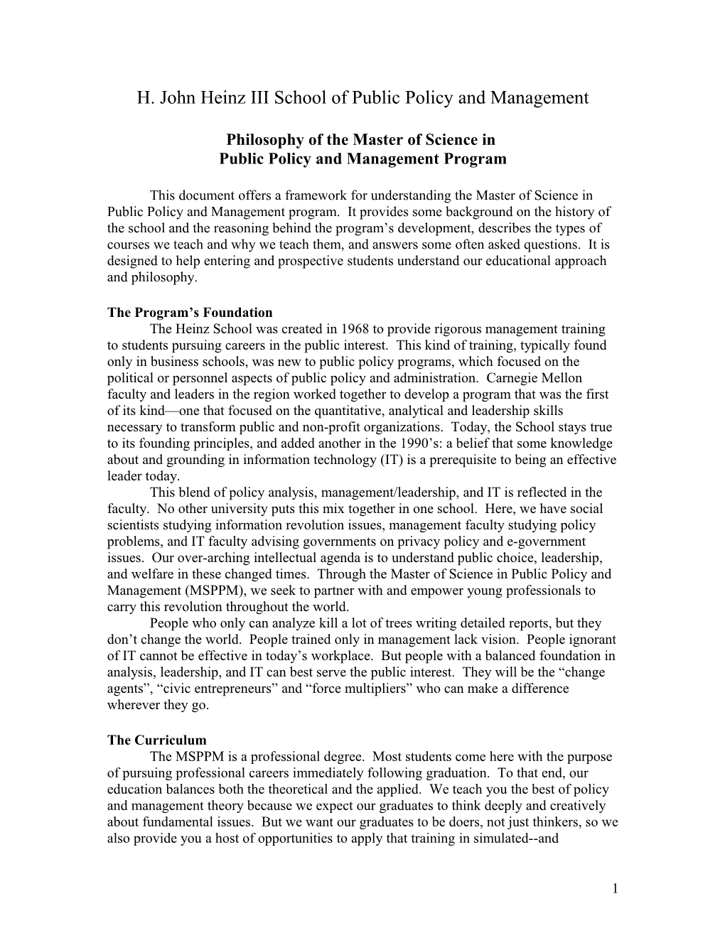 Philosophy of the MSPPM Program