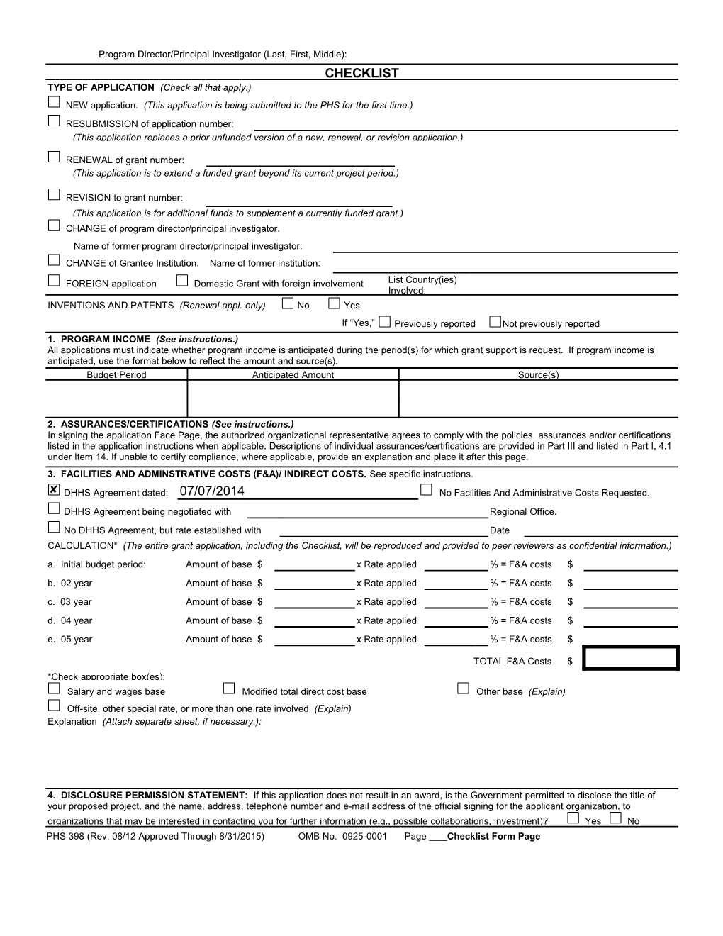PHS 398 (Rev. 08/12), OMB No. 0925-0001, Checklist Form Page