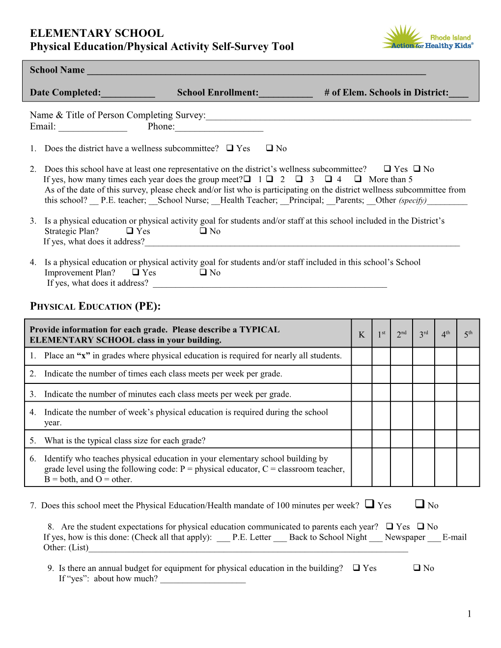 Physical Education / Physical Activity Survey for Elementary School