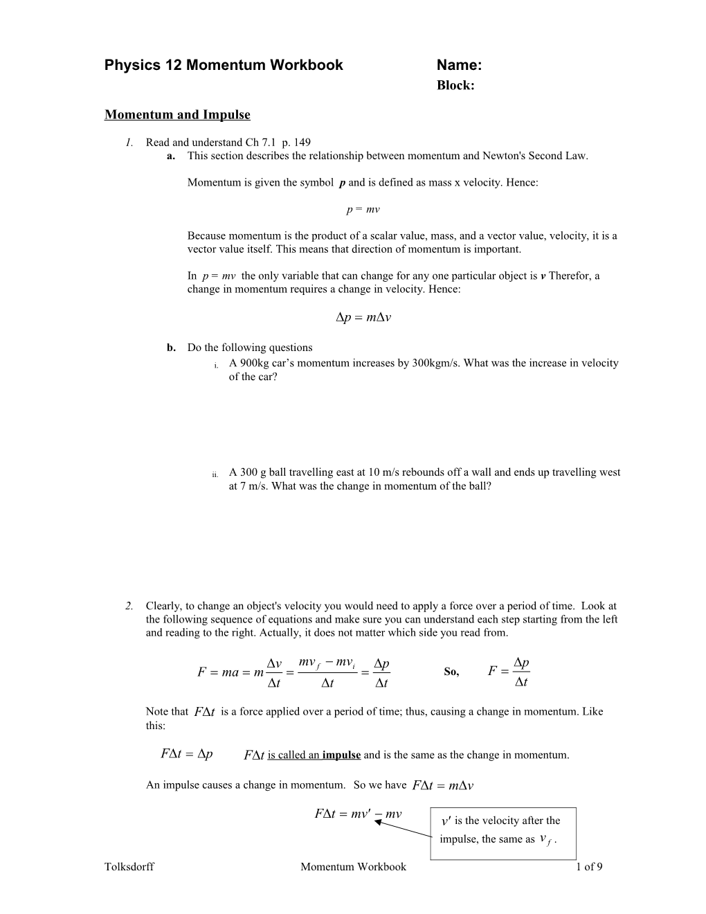 Physics 12 Momentum Workbookname