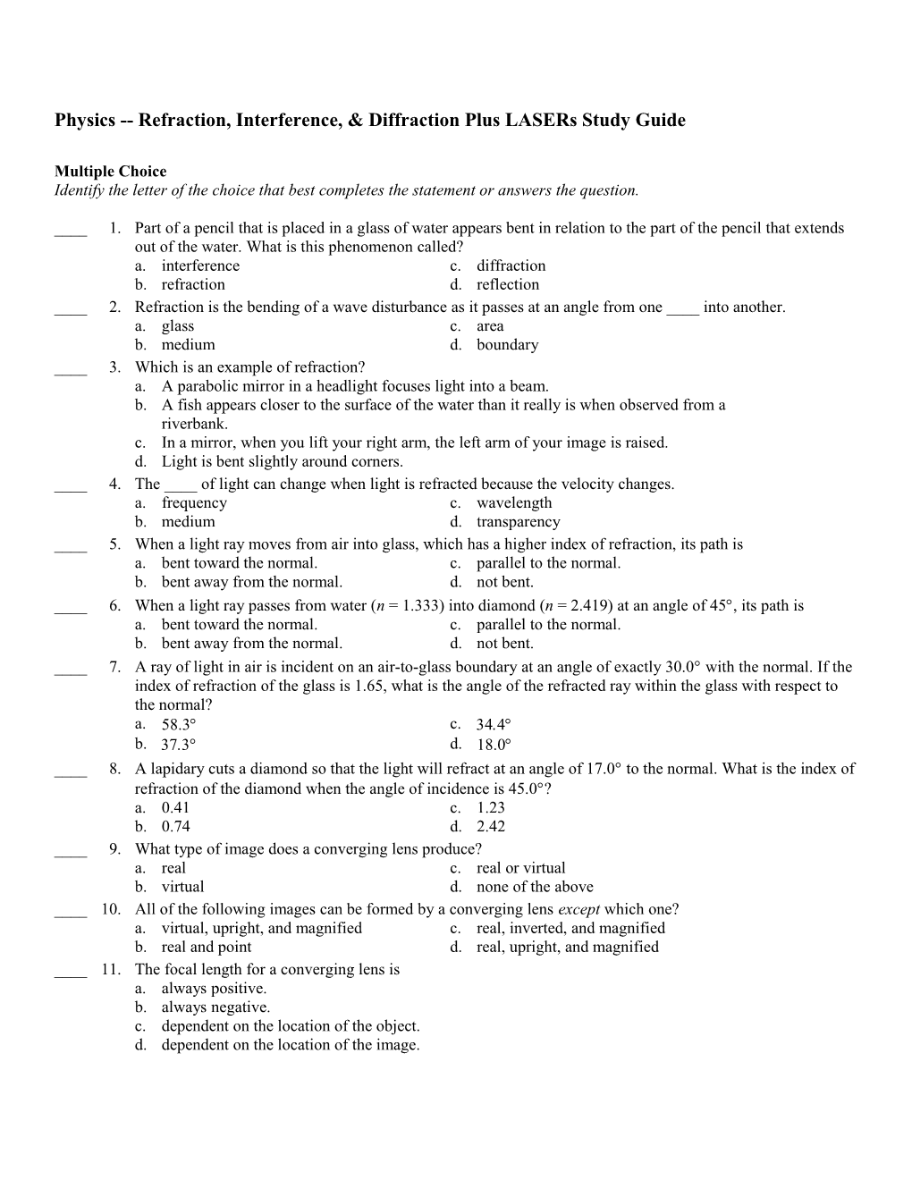 Physics Refraction, Interference, & Diffraction Plus Lasers Study Guide